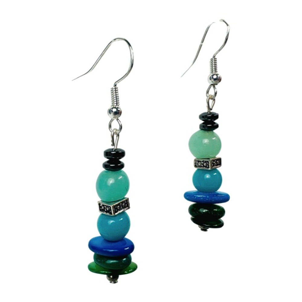 Aqua Glass Aqua Shell Dangle Earrings 925 Sterling Silver Jewelry 1.25” Handmade
